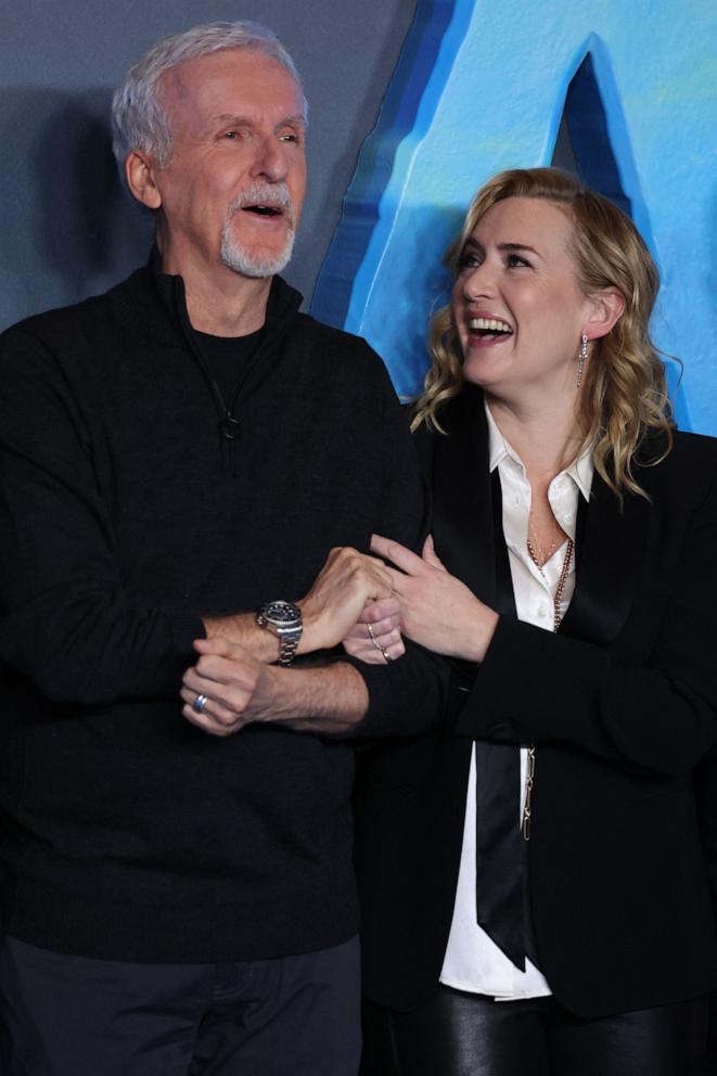 PHOTO: James Cameron and Kate Winslet attend the photocall for "Avatar: The Way of Water, "December 4, 2022, in London.