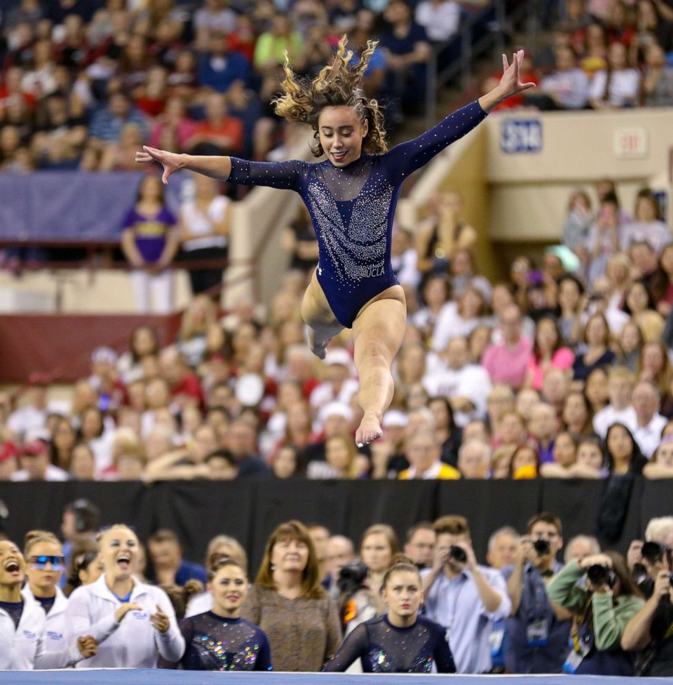 PHOTO: UCLA's Katelyn Ohashi performs on the floor during the NCAA Women's National Collegiate Gymnastics Championship Finals at the Fort Worth Convention Center in Fort Worth, Texas, April 20, 2019.