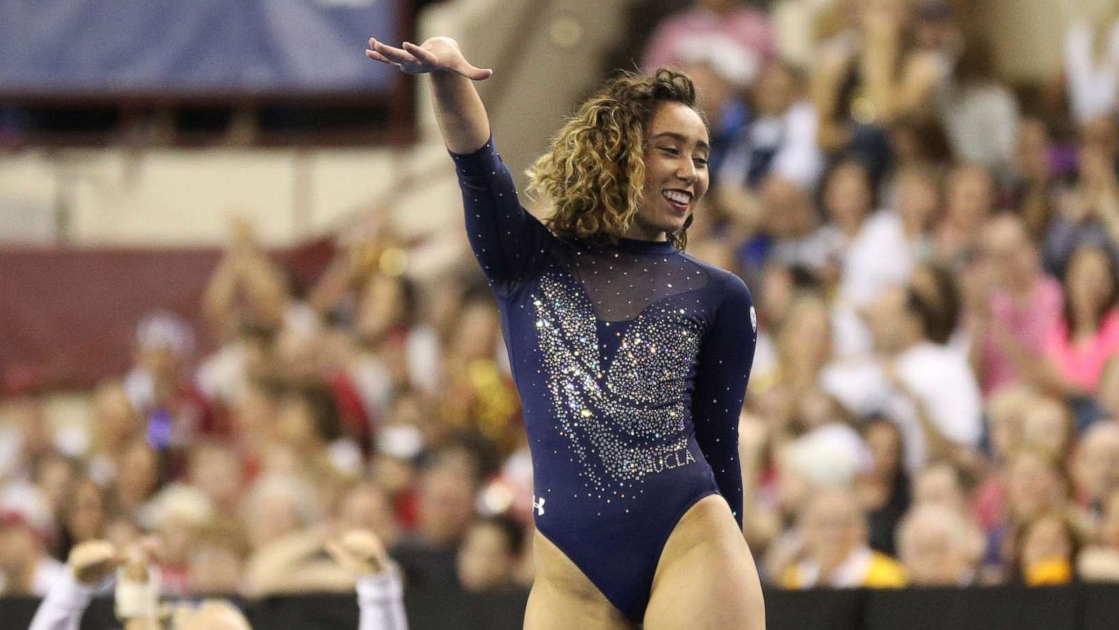 PHOTO: UCLA's Katelyn Ohashi performs on the floor during the NCAA Women's National Collegiate Gymnastics Championship Finals at the Fort Worth Convention Center in Fort Worth, Texas, April 20, 2019.