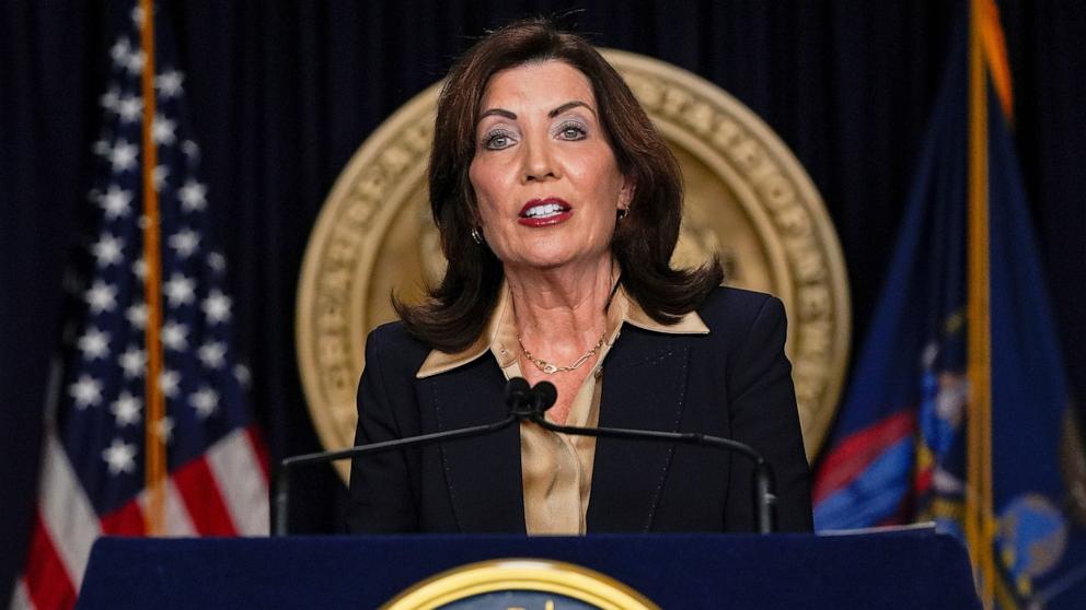 PHOTO: New York Gov. Kathy Hochul speaks at a news conference, Feb. 20, 2025, in New York City.