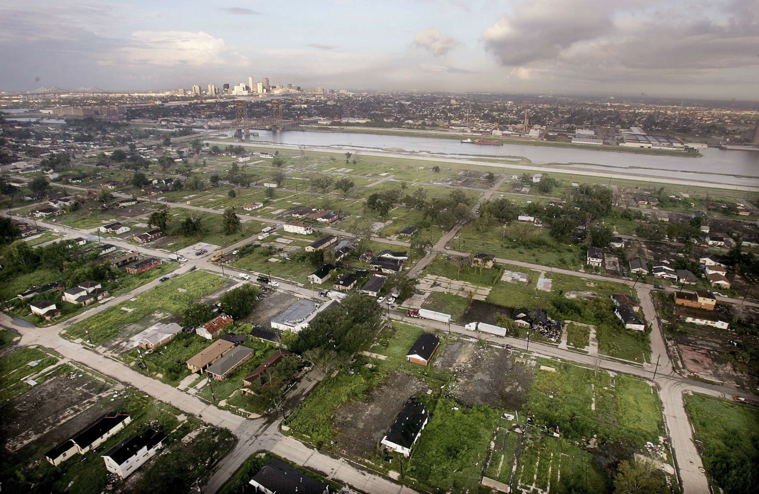 PHOTO: The devastated Lower Ninth Ward is seen in front of the Industrial Canal with the city skyline in the background, Aug. 25, 2006 in New Orleans, nearly a year after Hurricane Katrina.