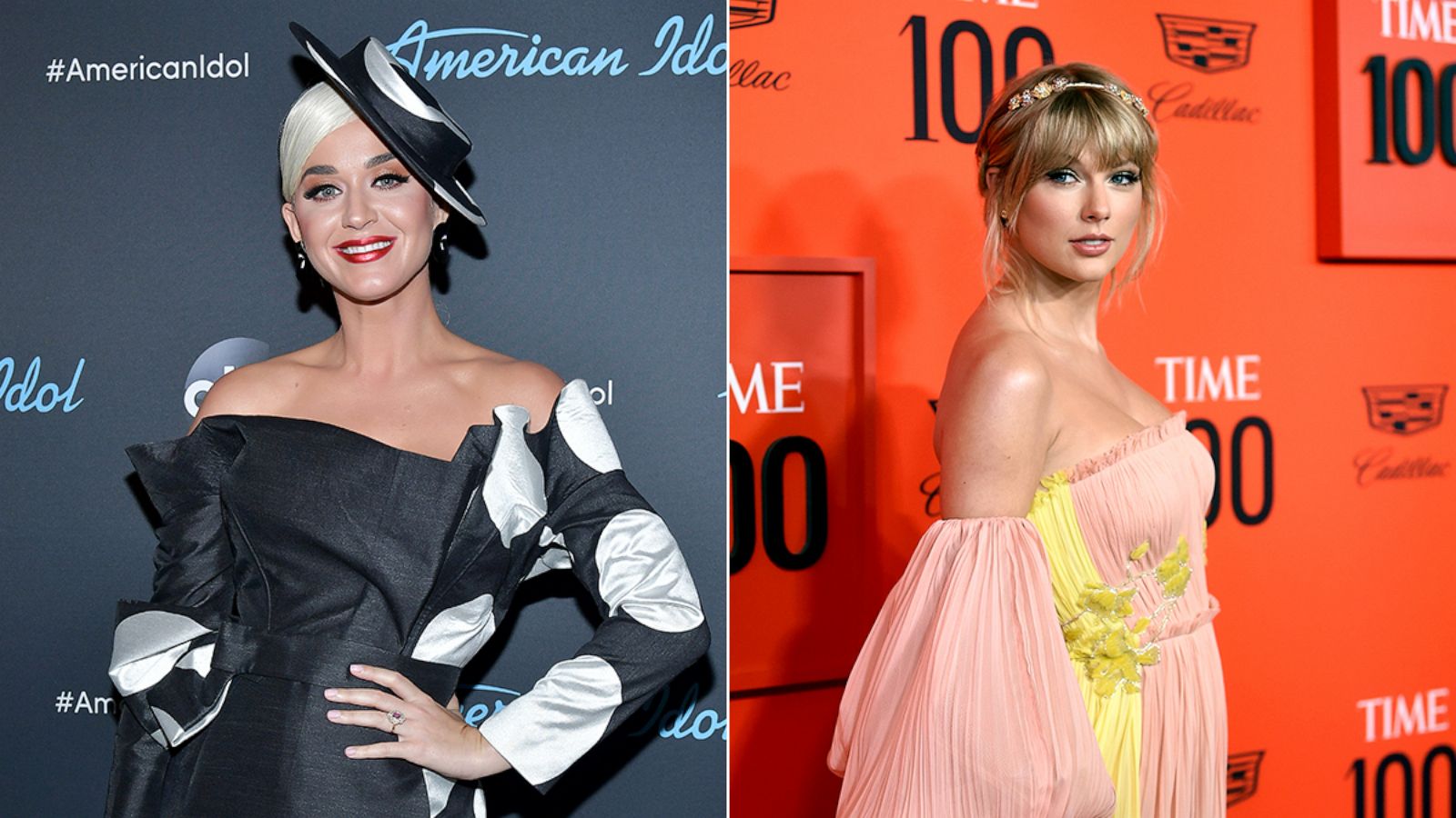 PHOTO: Katy Perry attends ABC's "American Idol" Finale, May 19, 2019, in Los Angeles. Taylor Swift attends the 2019 Time 100 at Lincoln Center, April 23, 2019, in New York City.