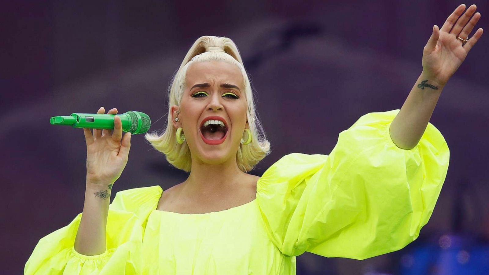 PHOTO: BRIGHT, AUSTRALIA - MARCH 11: Katy Perry performs on March 11, 2020 in Bright, Australia. The free Fight On concert was held for for firefighters and communities recently affected by the devastating bushfires in Victoria.