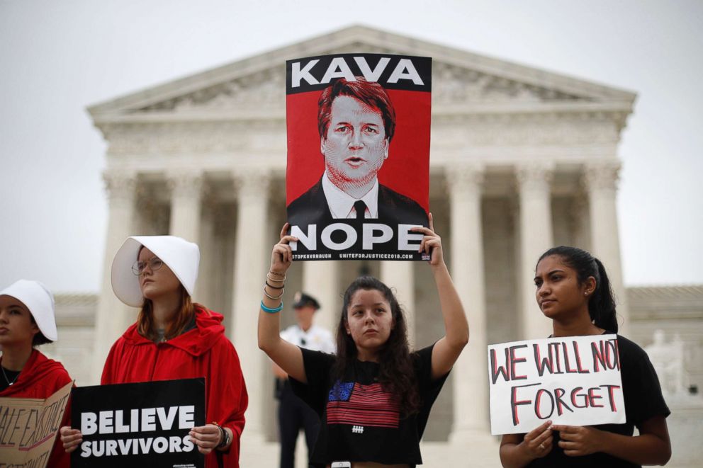 PHOTO: Activists protest in front of the Supreme Court in Washington, Oct. 9, 2018, against the confirmation of Brett Kavanaugh.