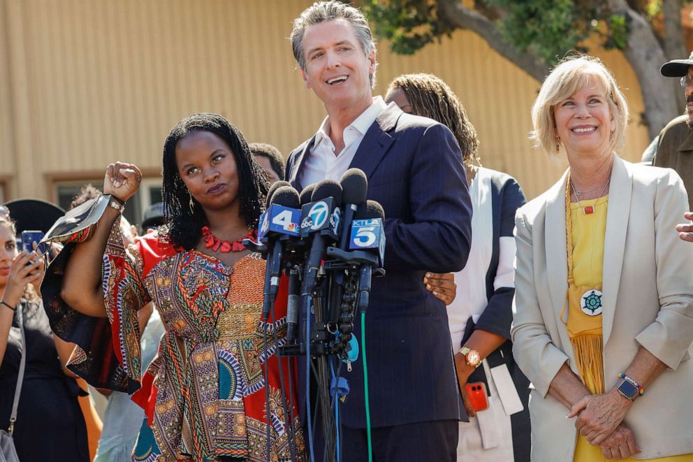 PHOTO: In this Sept. 3, 2021, file photo, activist Kavon Ward is recognized by Gov. Gavin Newsom, before he signed SB 796, authorizing the return of ocean-front land to the Bruce family, at a press conference at Bruce's Beach in Manhattan Beach, Calif.