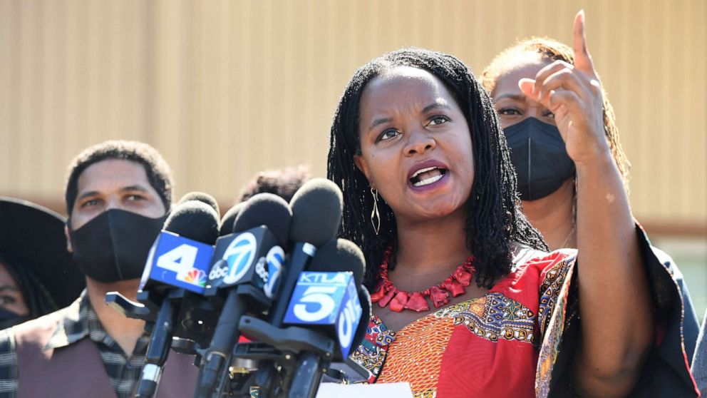 PHOTO: In this Sept. 30, 2021, file photo, Kavon Ward speaks to the media before Governor Gavin Newsom signed SB 796, a bill to return Manhattan Beach land to descendants of its original Black owners, the Bruce family, in Manhattan Beach, Calif.