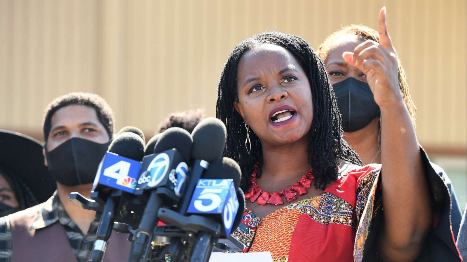 PHOTO: In this Sept. 30, 2021, file photo, Kavon Ward speaks to the media before Governor Gavin Newsom signed SB 796, a bill to return Manhattan Beach land to descendants of its original Black owners, the Bruce family, in Manhattan Beach, Calif.