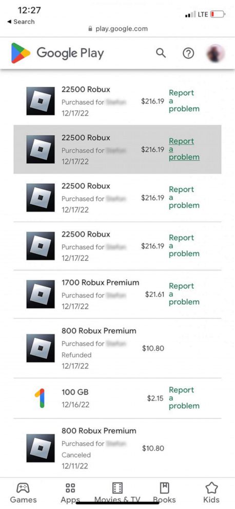 PHOTO: Howard shared a screenshot with "GMA" showing the unauthorized Roblox purchases her son made.