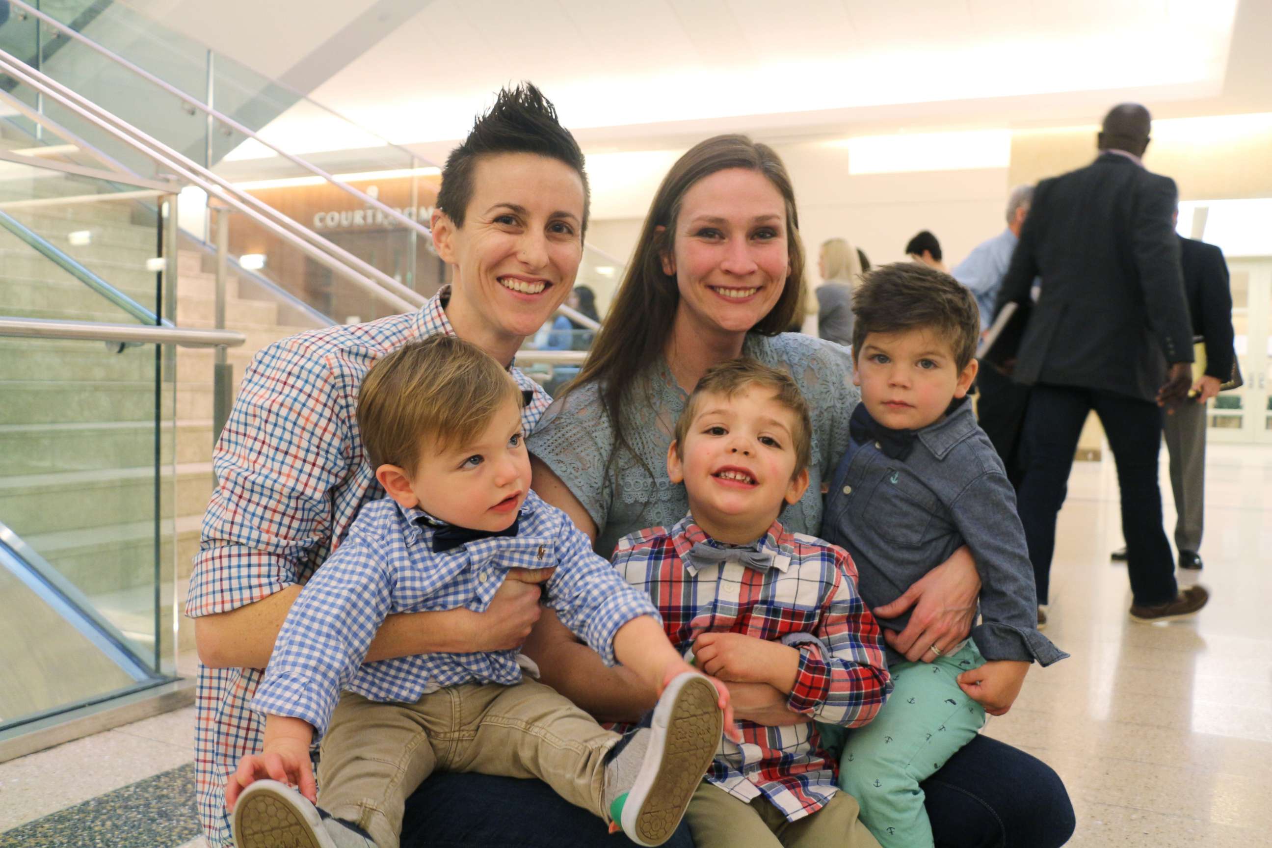 PHOTO: KC and Lena Currie are pictured with their sons, Noah, Joey and Logan on National Adoption Day in Worcester, Mass., Nov. 22, 2019.