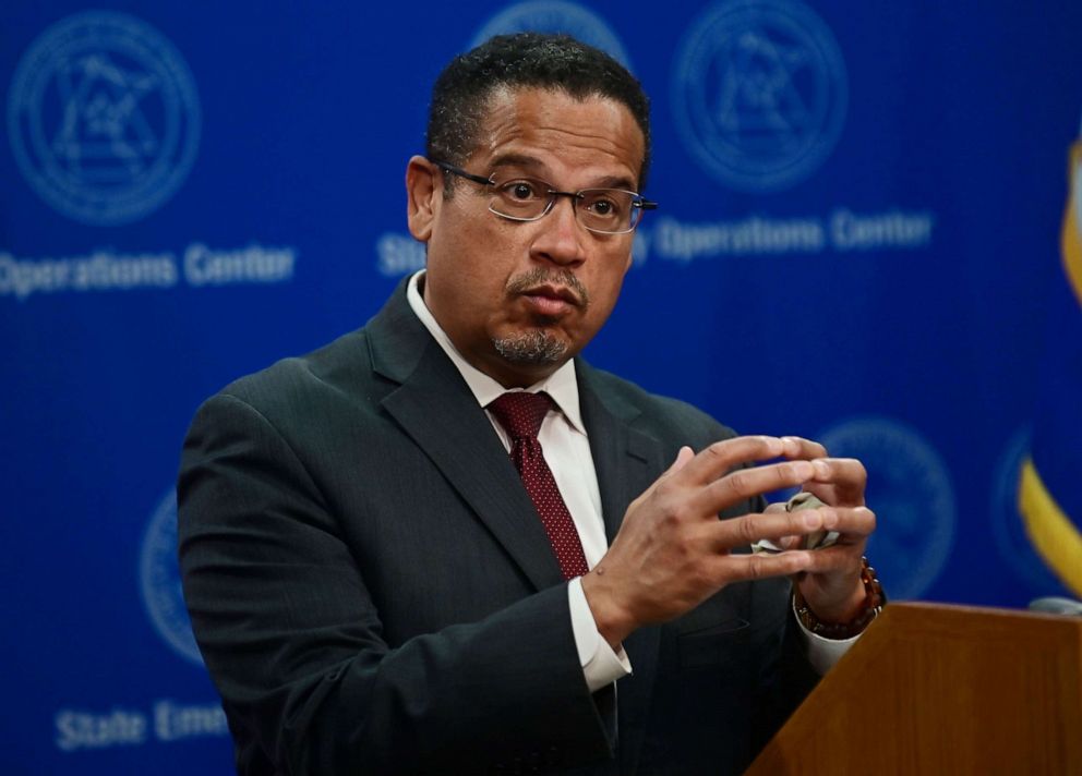 PHOTO: Minnesota Attorney General Keith Ellison answers questions about the investigation into the death of George Floyd during a news conference in St. Paul, Minn., May 27, 2020.