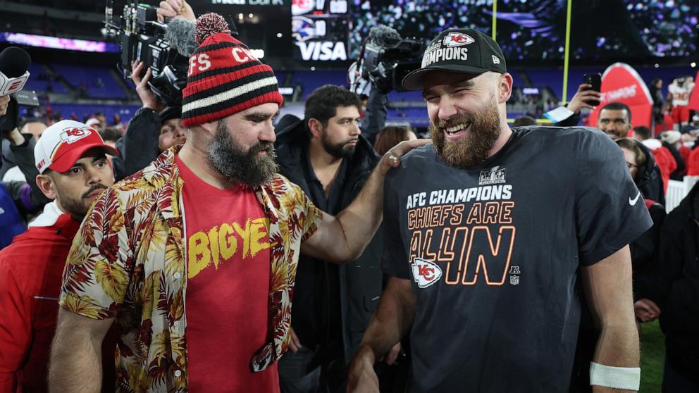 PHOTO: Travis Kelce #87 of the Kansas City Chiefs celebrates with his brother Jason Kelce after a 17-10 victory against the Baltimore Ravens in the AFC Championship Game at M&T Bank Stadium, Jan. 28, 2024, in Baltimore.