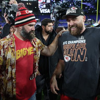 PHOTO: Travis Kelce #87 of the Kansas City Chiefs celebrates with his brother Jason Kelce after a 17-10 victory against the Baltimore Ravens in the AFC Championship Game at M&T Bank Stadium, Jan. 28, 2024, in Baltimore.