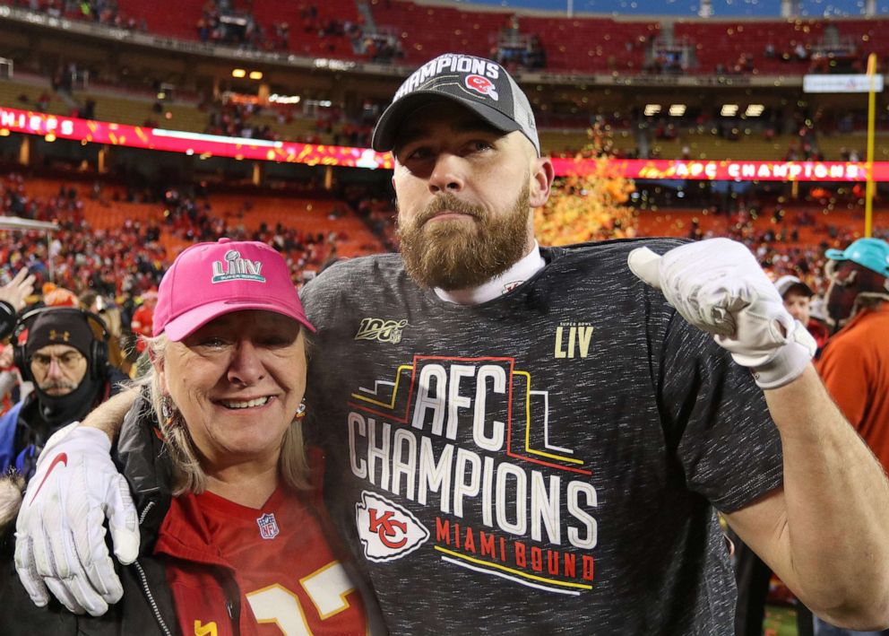 PHOTO: Kansas City Chiefs tight end Travis Kelce (87) and his mother Donna fight back tears of joys after the AFC Championship game between the Tennessee Titans and Kansas City Chiefs, Jan. 19, 2020, at Arrowhead Stadium in Kansas City, Mo.