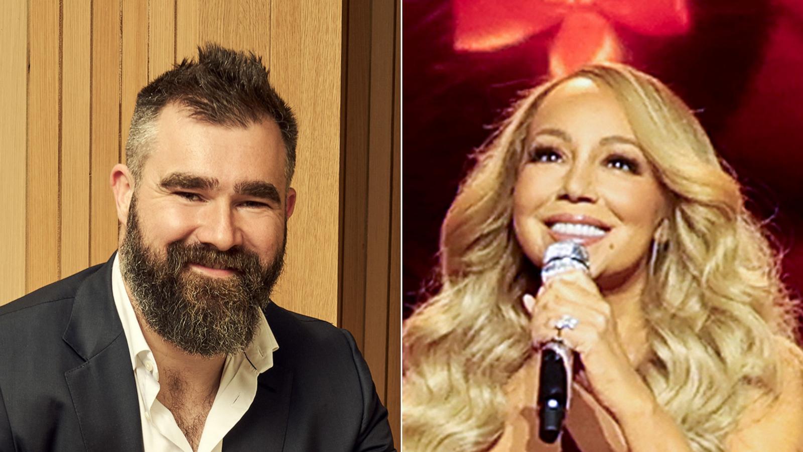 PHOTO: Jason Kelce is shown on May 14, 2024 in New York. | Mariah Carey performs on Nov. 6, 2024, in Highland, Calif.