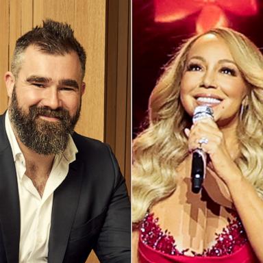 PHOTO: Jason Kelce is shown on May 14, 2024 in New York. | Mariah Carey performs on Nov. 6, 2024, in Highland, Calif.