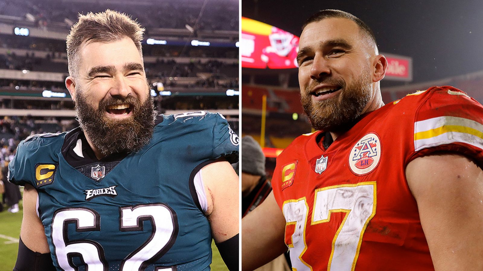 PHOTO: Jason Kelce #62 of the Philadelphia Eagles celebrates on the field after defeating the New York Giants in the NFC Divisional Playoff game. Travis Kelce #87 of the Kansas City Chiefs celebrates after defeating the Jacksonville Jaguars playoff game.