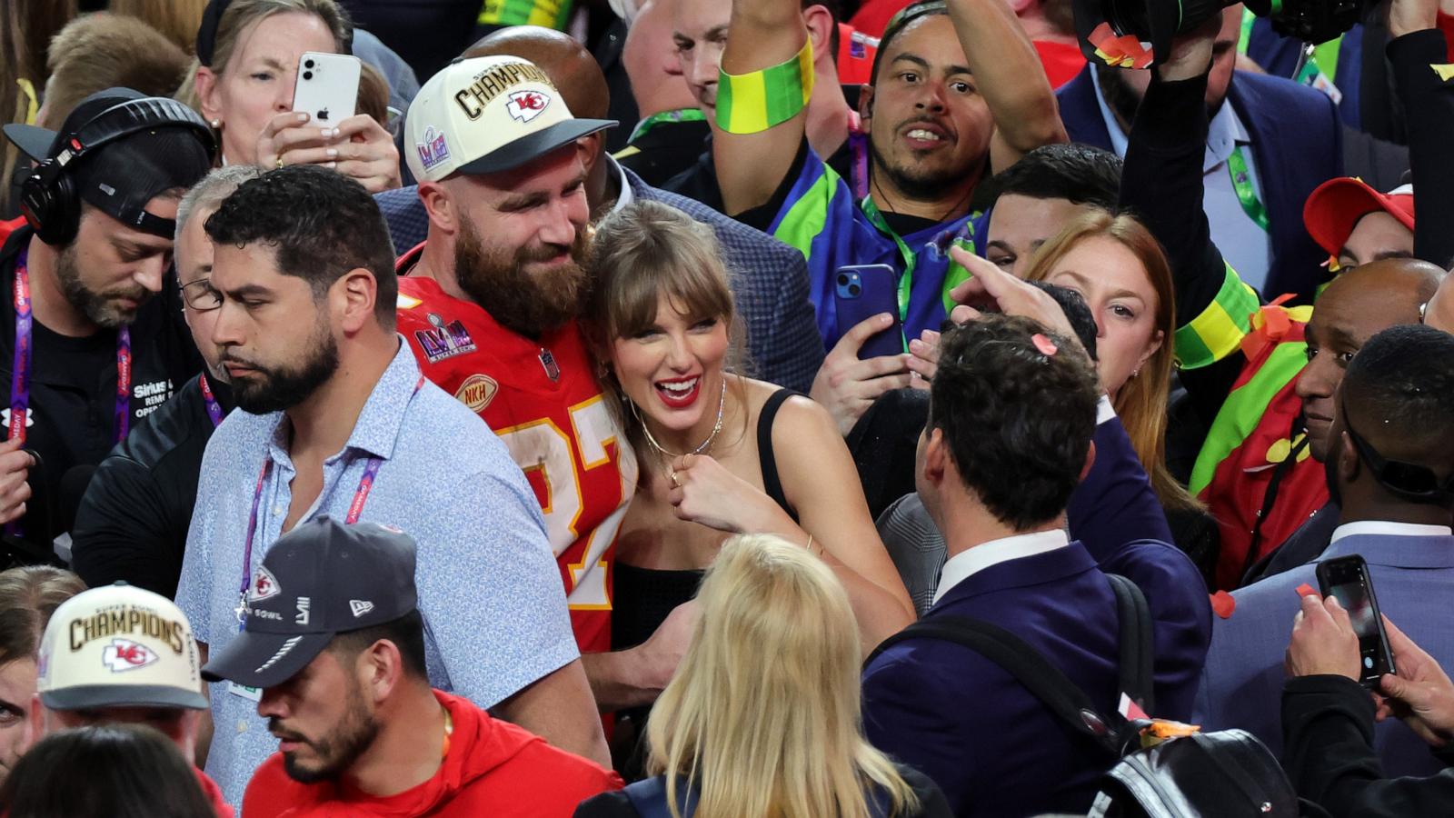 PHOTO: Travis Kelce of the Kansas City Chiefs celebrates with Taylor Swift after defeating the San Francisco 49ers 25-22 in overtime during Super Bowl LVIII, Feb. 11, 2024, in Las Vegas.