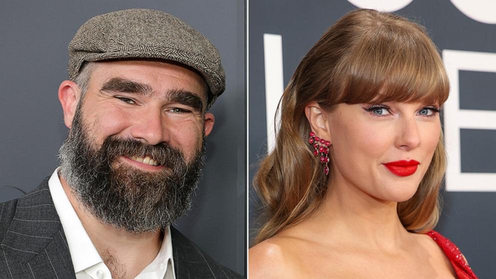 PHOTO: Jason Kelce attends the Amazon 2025 Upfront, May 12, 2025, in New York. Taylor Swift attends the 67th Annual GRAMMY Awards, Feb 2, 2025, in Los Angeles.