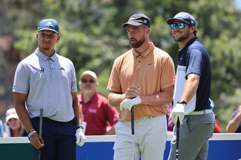 PHOTO: In this July 16, 2023, file photo, Patrick Mahomes, Travis Kelce, and Josh Allen look on before starting the 15th hole on Day Three of the 2023 American Century Championship at Edgewood Tahoe Golf Course in Stateline, Nevada.