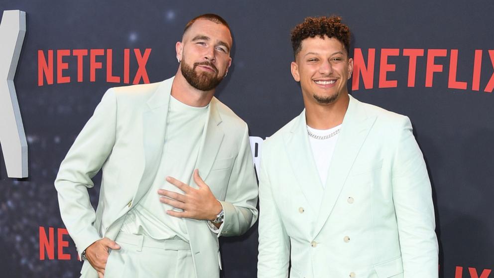 PHOTO: In this July 11, 2023, file photo, Travis Kelce and Patrick Mahomes attend the Los Angeles Premiere Of Netflix's "Quarterback" at TUDUM Theater in Hollywood, Calif.