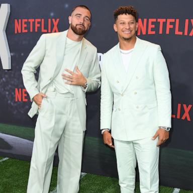 PHOTO: In this July 11, 2023, file photo, Travis Kelce and Patrick Mahomes attend the Los Angeles Premiere Of Netflix's "Quarterback" at TUDUM Theater in Hollywood, Calif.