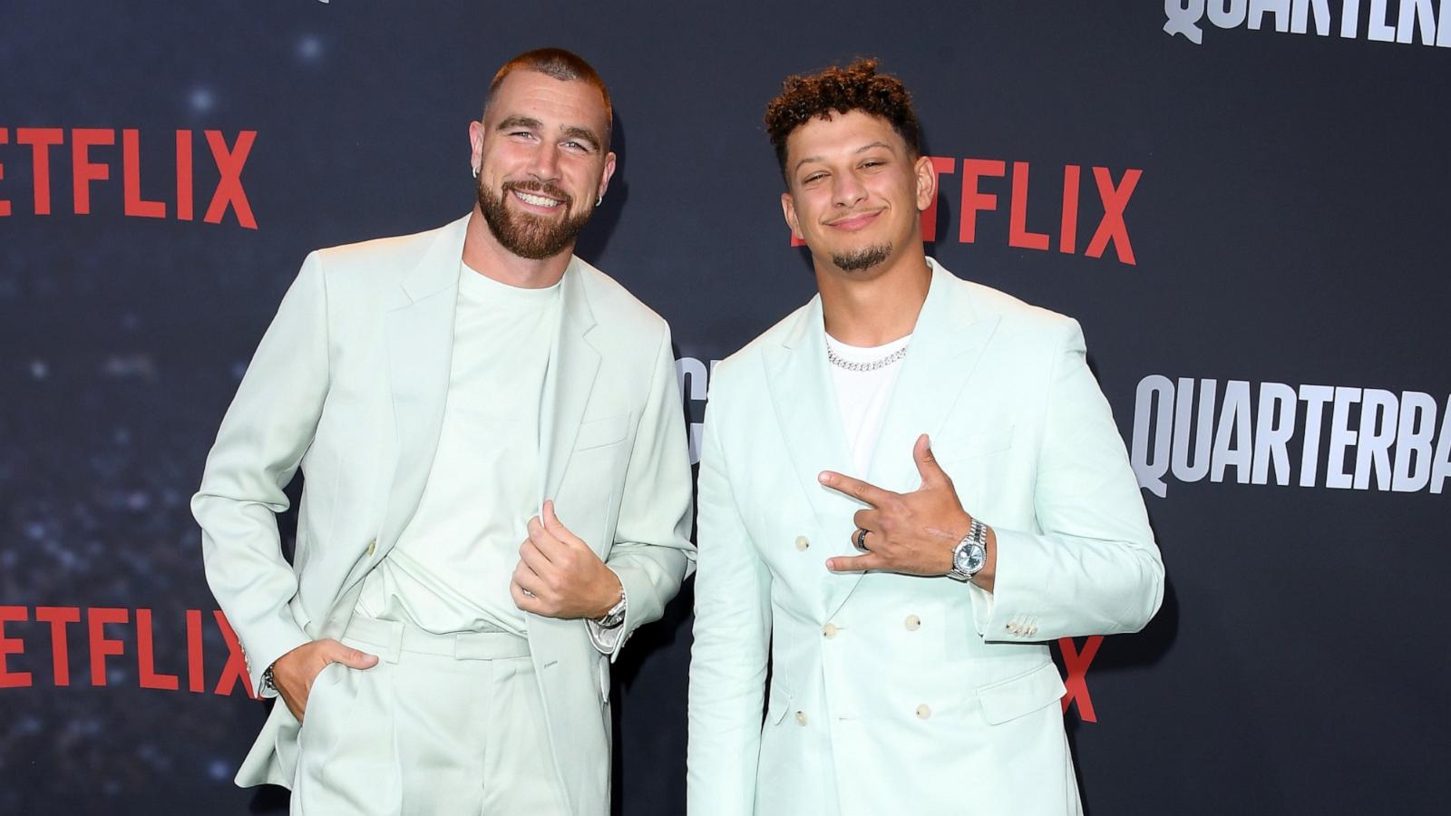 PHOTO: Travis Kelce, Patrick Mahomes arrives at the Los Angeles Premiere Of Netflix's "Quarterback" at TUDUM Theater on July 11, 2023 in Hollywood, California.