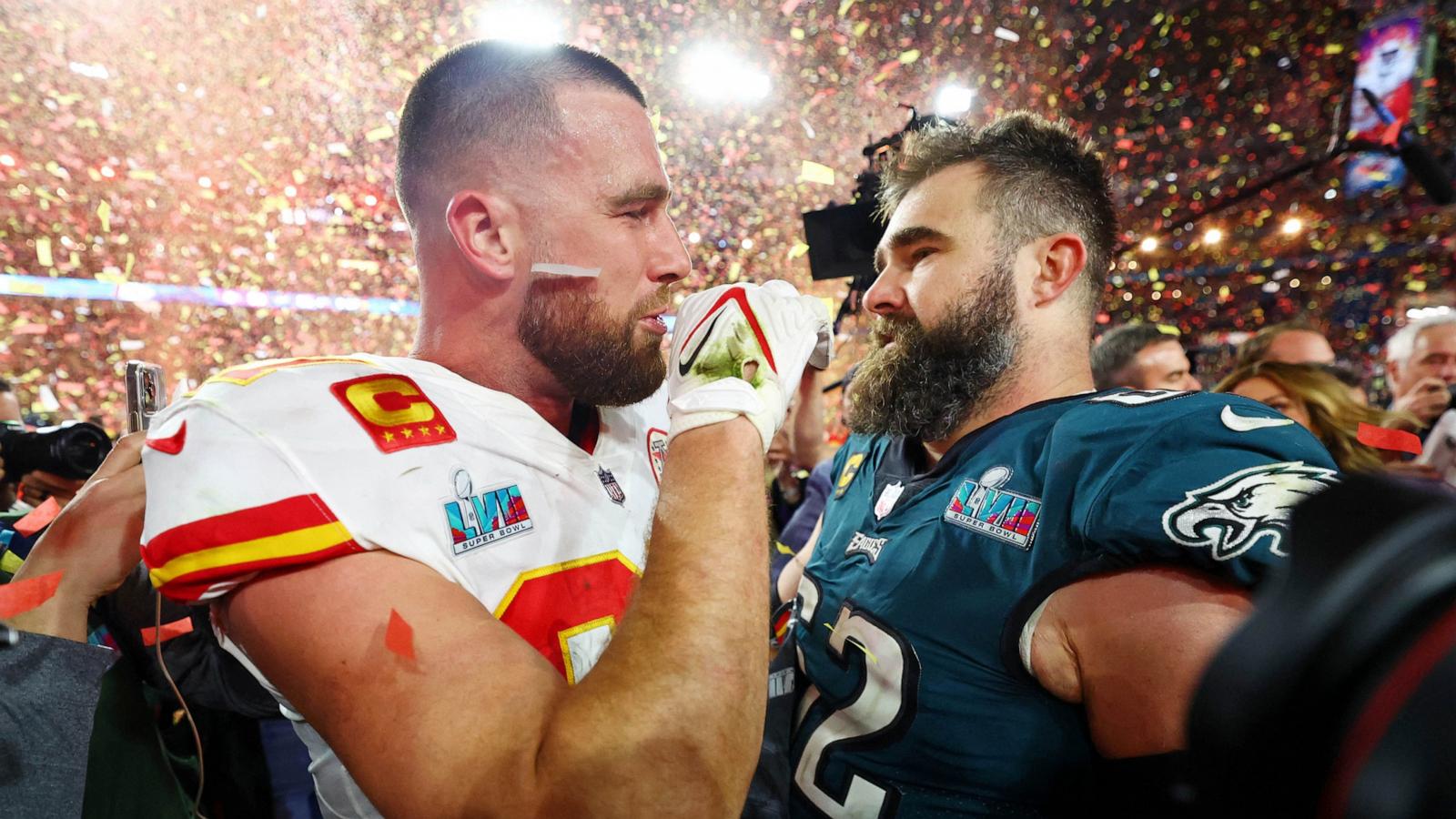 PHOTO: Kansas City Chiefs tight end Travis Kelce (87) talks with his brother Philadelphia Eagles center Jason Kelce (62) after he won Super Bowl LVII at State Farm Stadium, Feb 12, 2023, Glendale, Ariz.