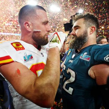 PHOTO: Kansas City Chiefs tight end Travis Kelce (87) talks with his brother Philadelphia Eagles center Jason Kelce (62) after he won Super Bowl LVII at State Farm Stadium, Feb 12, 2023, Glendale, Ariz. 