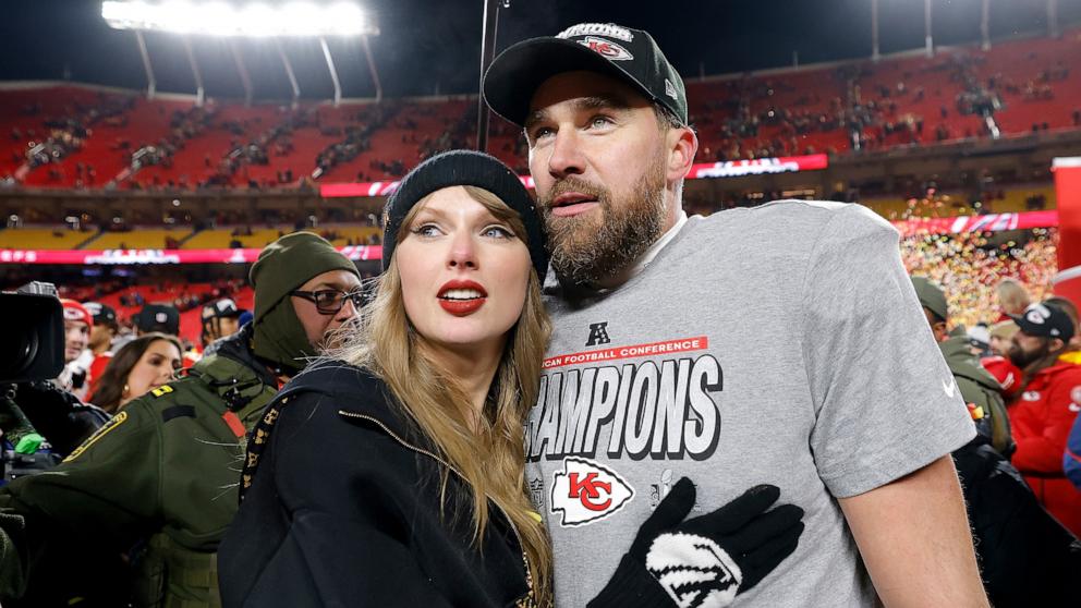 PHOTO: Taylor Swift celebrates with Travis Kelce after defeating the Buffalo Bills in the AFC Championship Game at GEHA Field at Arrowhead Stadium, Jan. 26, 2025, in Kansas City, Mo.