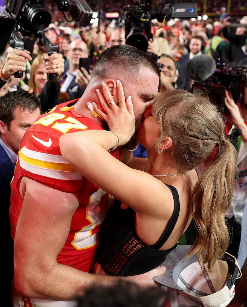 PHOTO: Travis Kelce #87 of the Kansas City Chiefs kisses Taylor Swift after defeating the San Francisco 49ers 2 during Super Bowl LVIII at Allegiant Stadium on Feb. 11, 2024 in Las Vegas.