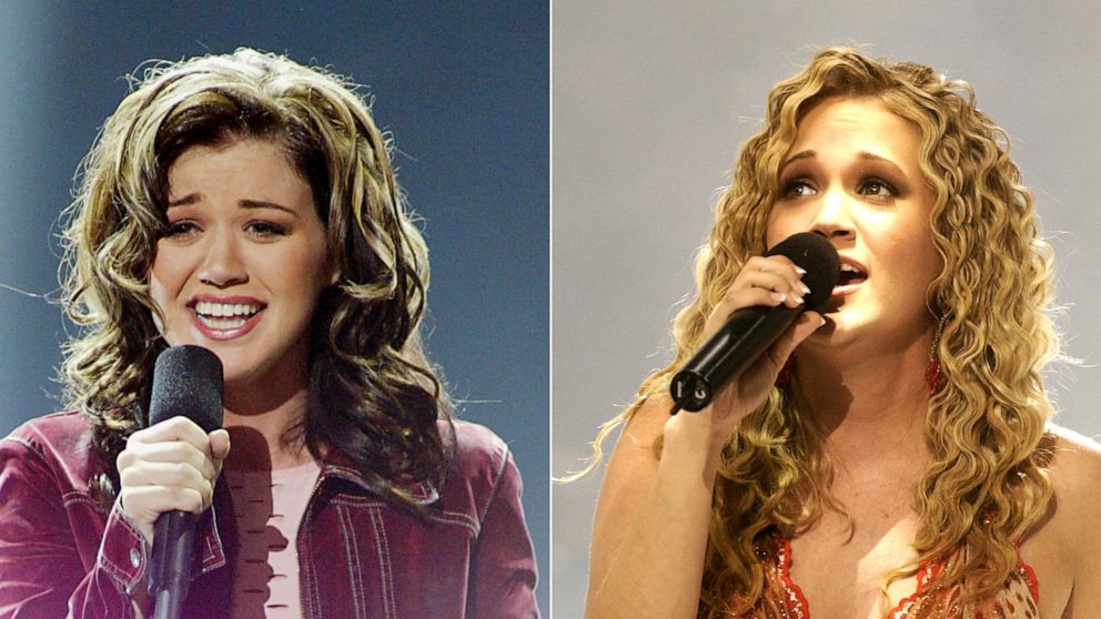 PHOTO: In this Sept. 4, 2002, file photo, 'American Idol" winner Kelly Clarkson sings on the show. | In this May 25, 2005, file photo, "American Idol" winner Carrie Underwood sings on the show.