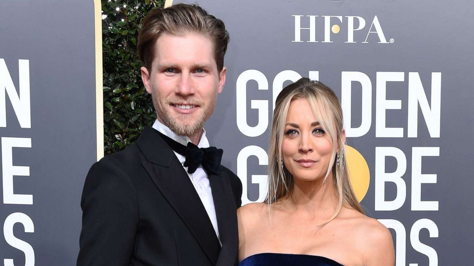 PHOTO: AActress Kaley Cuoco poses with husband Karl Cook on the red carpet at the Golden Globe Awards, Jan. 6, 2019, in Beverly Hills, Calif.