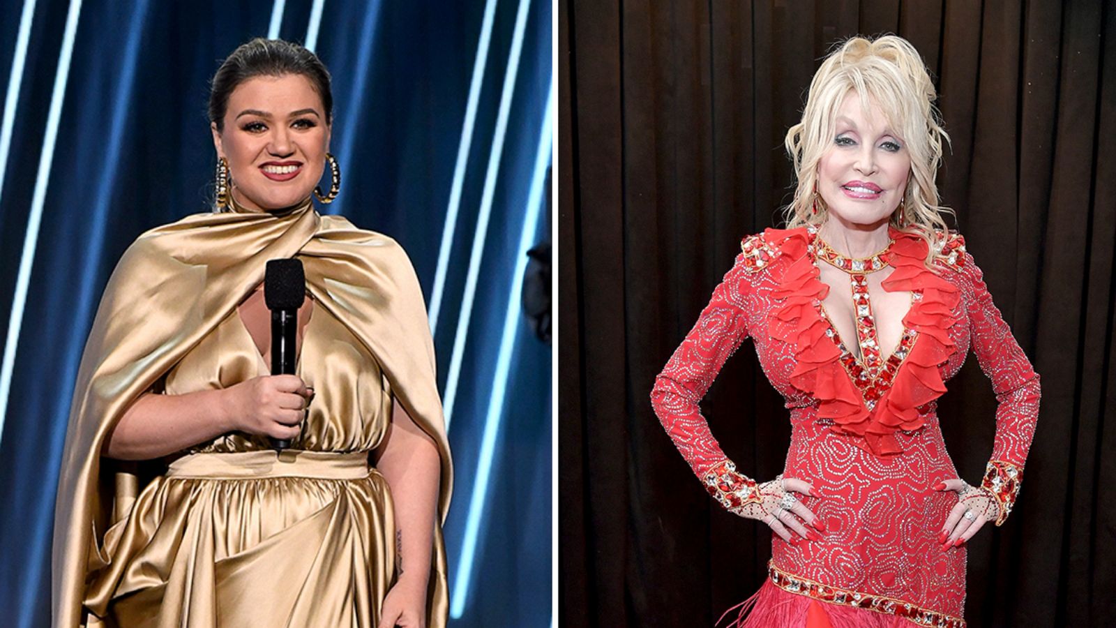 PHOTO: Kelly Clarkson at the 2020 Billboard Music Awards, Oct. 14, 2020, at the Dolby Theatre in Los Angeles. Dolly Parton attends the 61st Annual GRAMMY Awards, Feb. 10, 2019, in Los Angeles.