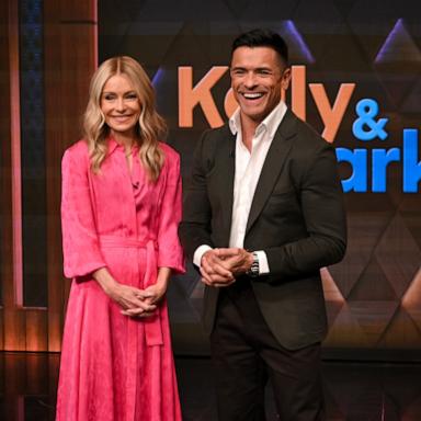PHOTO: Kelly Ripa and Mark Consuelos co-host "Live with Kelly and Mark" for the last time at 7 Lincoln Square, featuring special guest Anderson Cooper, April 1, 2025. 