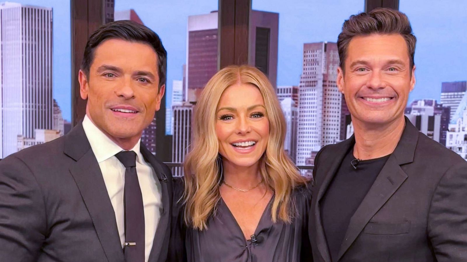 PHOTO: Mark Consuelos, Kelly Ripa and Ryan Seacrest in a photo from the "Live with Kelly and Ryan" set dated Feb. 17, 2023.