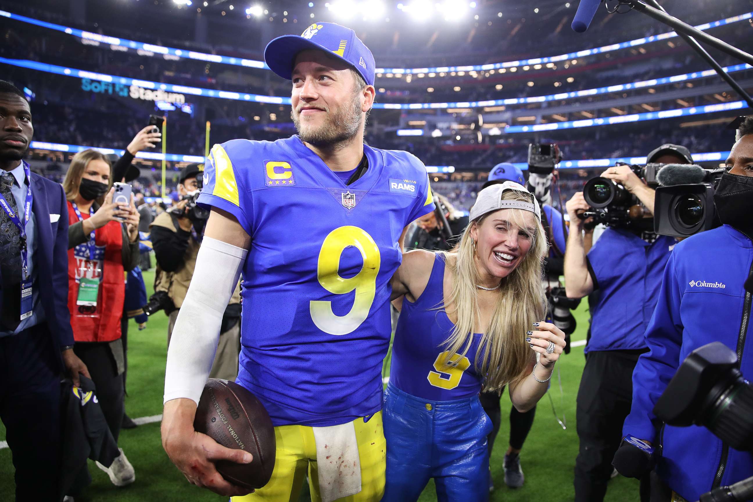 PHOTO: Matthew Stafford of the Los Angeles Rams and wife Kelly Hall react after defeating the San Francisco 49ers in the NFC Championship Game at SoFi Stadium on Jan. 30, 2022, in Inglewood, Calif.