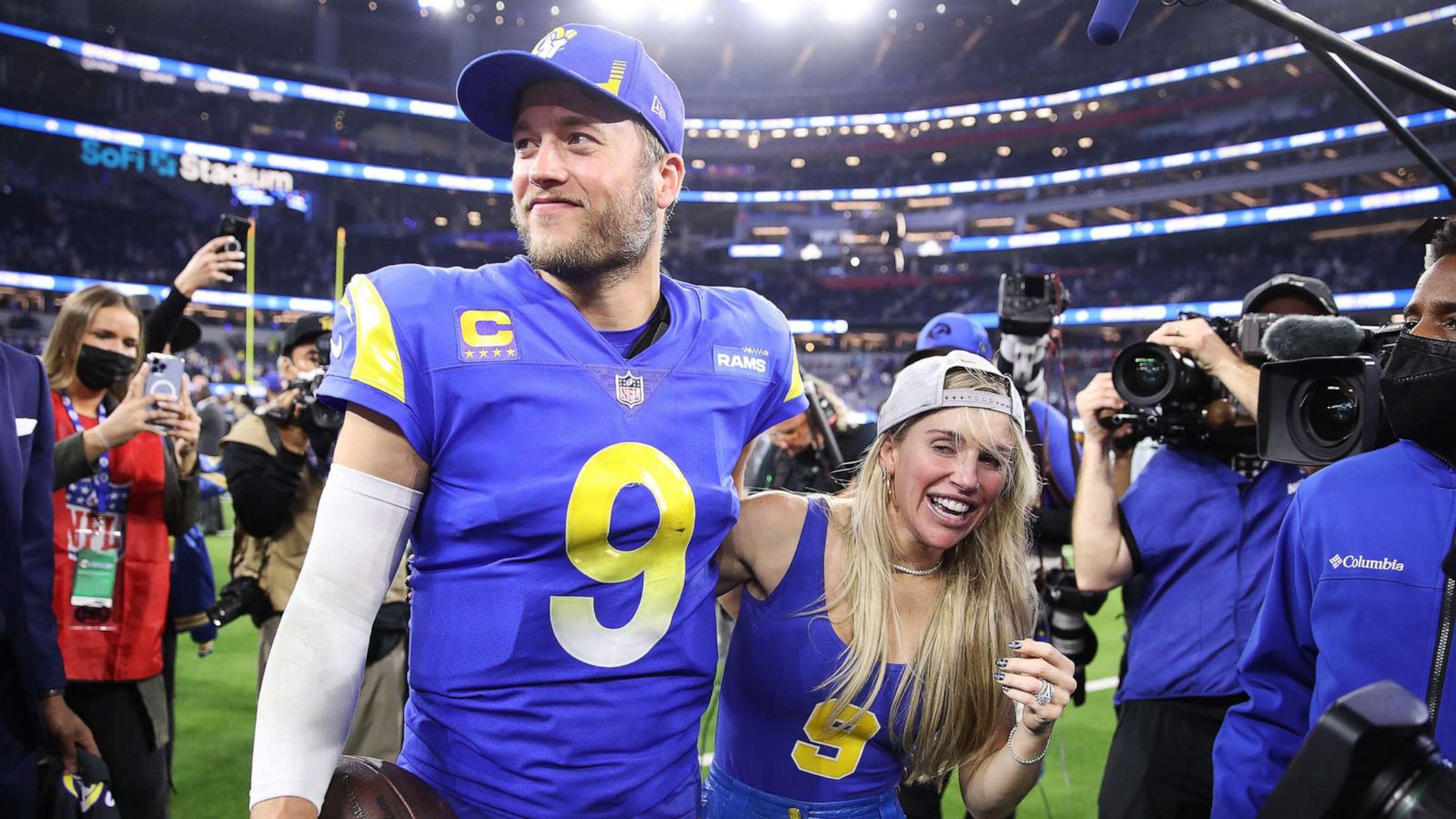 PHOTO: Matthew Stafford of the Los Angeles Rams and wife Kelly Hall react after defeating the San Francisco 49ers in the NFC Championship Game at SoFi Stadium on Jan. 30, 2022, in Inglewood, Calif.