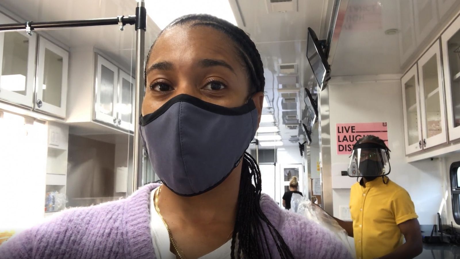 PHOTO: Actress Kelly McCreary films herself in the hair trailer on the set of ABC's, "Grey's Anatomy," in September 2020.