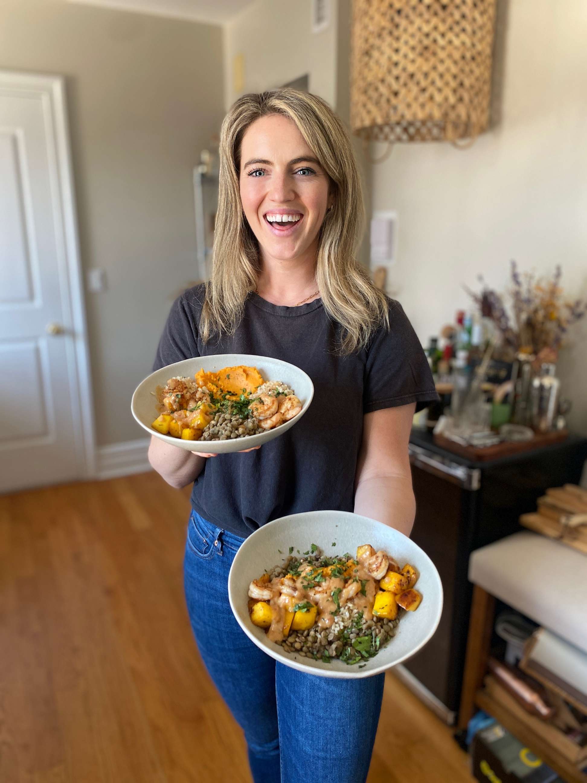 PHOTO: "Good Morning America" food reporter Kelly McCarthy with her plated chili mango shrimp, lentil and white miso bowls.