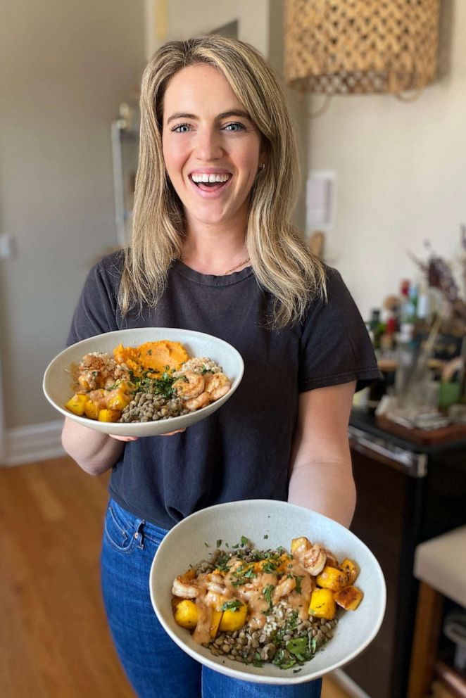 PHOTO: "Good Morning America" food reporter Kelly McCarthy with her plated chili mango shrimp, lentil and white miso bowls.