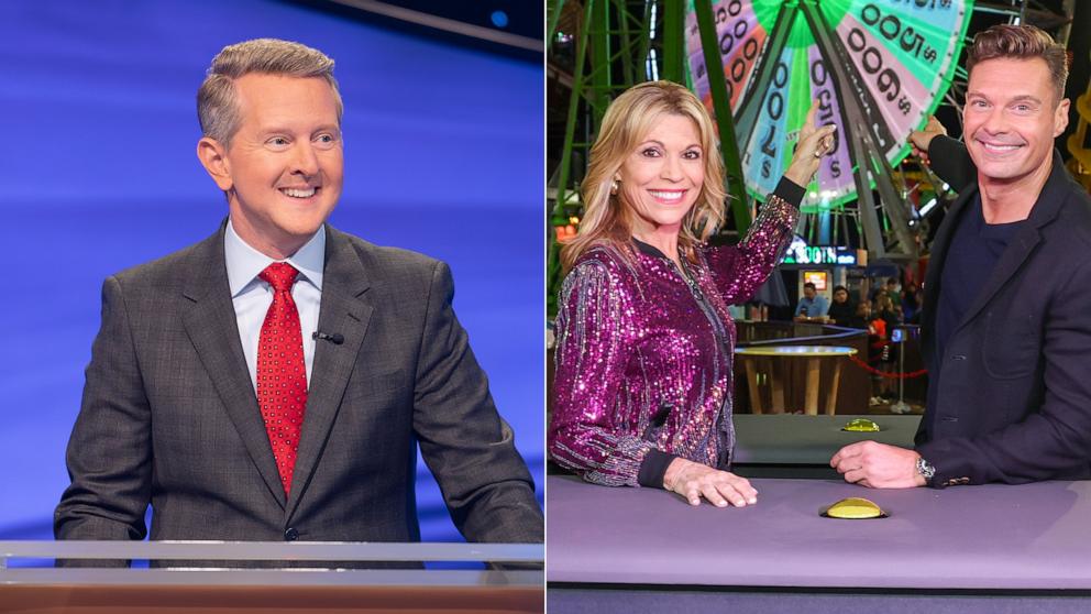 PHOTO: Host Ken Jennings is shown on the Jeopardy set. | Vanna White and Ryan Seacrest are shown on Aug. 30, 2024, in Santa Monica, Calif.