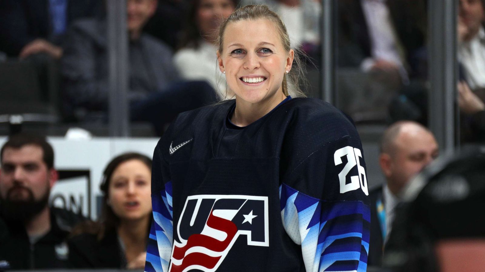 PHOTO: Kendall Coyne #26 of the U.S. Women's National hockey team smiles prior to the Bridgestone NHL Fastest Skater during the 2019 SAP NHL All-Star Skills, Jan. 25, 2019 in San Jose, Calif.