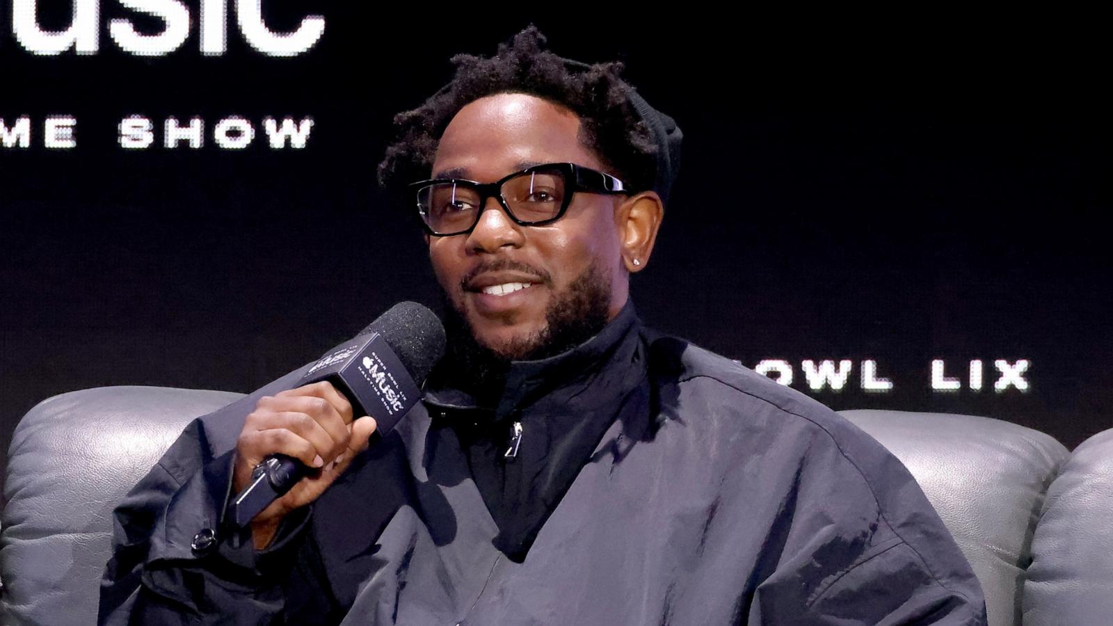 PHOTO: Kendrick Lamar speaks during the Super Bowl LVIX Pregame & Apple Music Super Bowl LVIX Halftime Show Press Conference at Ernest N. Morial Convention Center, Feb. 6, 2025, in New Orleans.