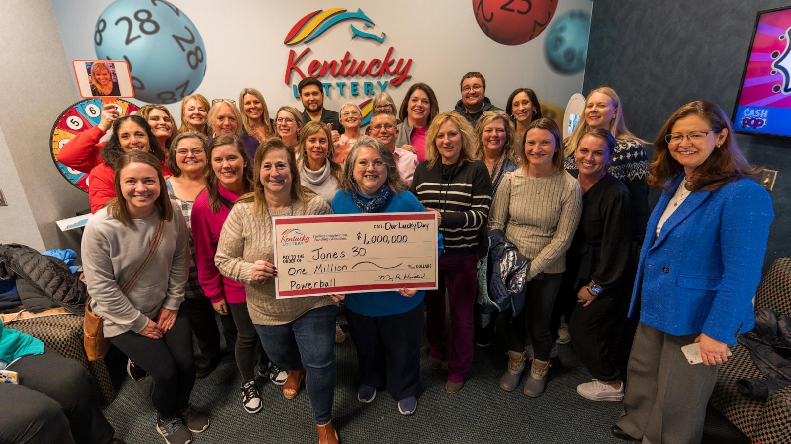 PHOTO: A group of former and current staffers at Rector A. Jones Middle School in Florence, Ky., call themselves the “Jones 30.” They won $1 million together on a Powerball ticket this week.