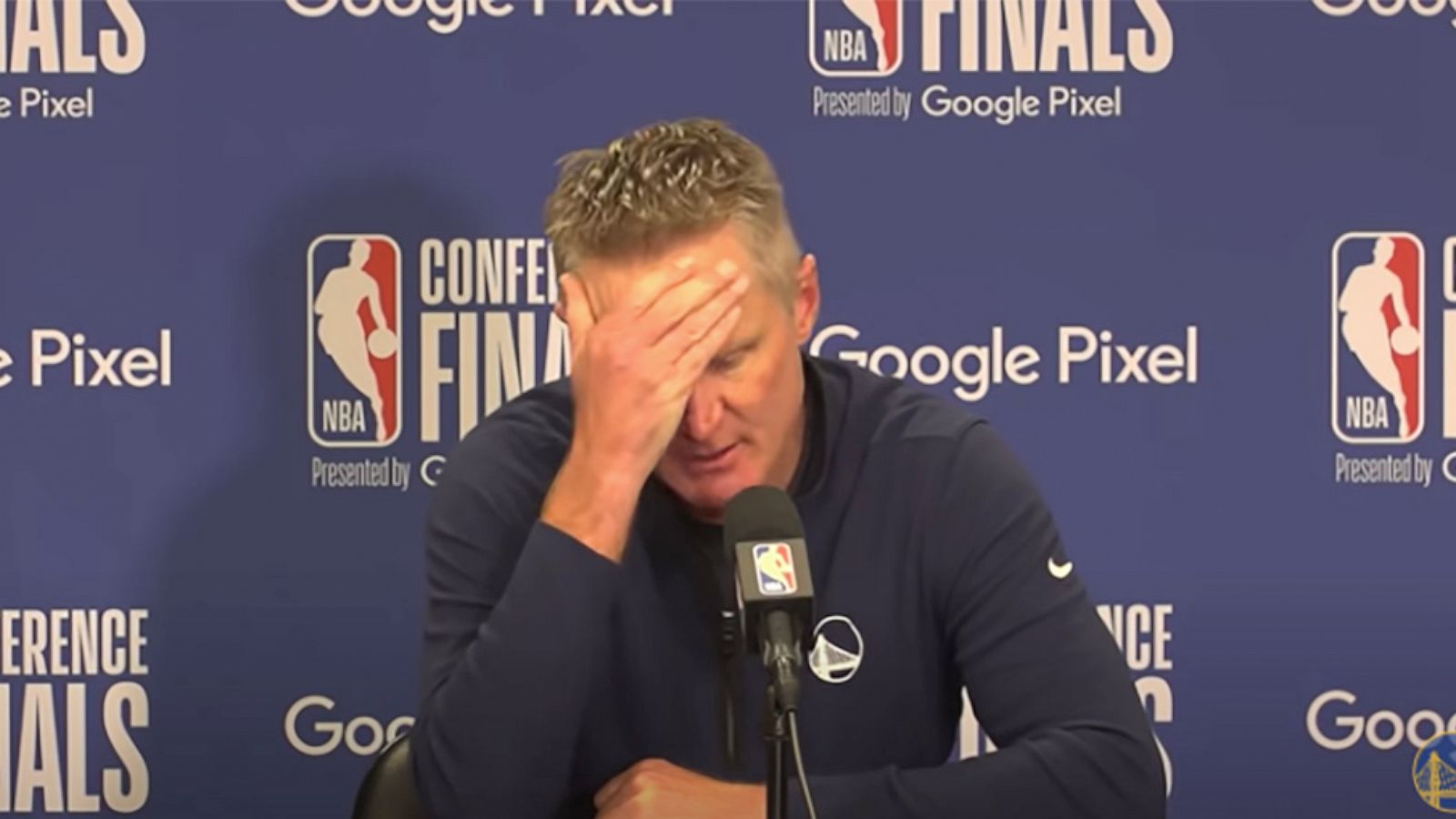 PHOTO: At a press conference, Golden State Warriors Coach Steve Kerr became very emotional while speaking about the mass shooting at Robb Elementary School in Uvalde, Texas, May 24, 2022