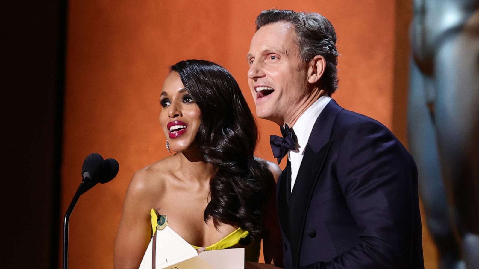 PHOTO: Kerry Washington and Tony Goldwyn speak onstage during the 28th Screen Actors Guild Awards at Barker Hangar, Feb. 27, 2022, in Santa Monica, Calif.