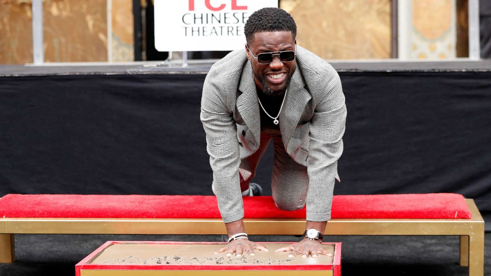 PHOTO: Actor Kevin Hart places his handprints in cement at a ceremony in the forecourt of the TCL Chinese theatre in Los Angeles, Calif., Dec. 10, 2019.