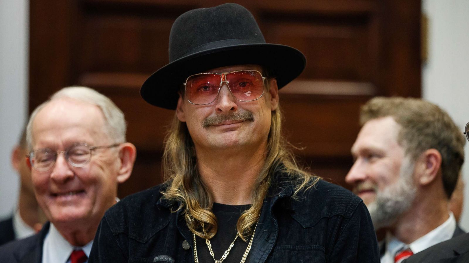 PHOTO: Musician Kid Rock listens as President Donald Trump speaks during a signing ceremony for the "Orrin G. Hatch-Bob Goodlatte Music Modernization Act," in the Roosevelt Room of the White House, Oct. 11, 2018.