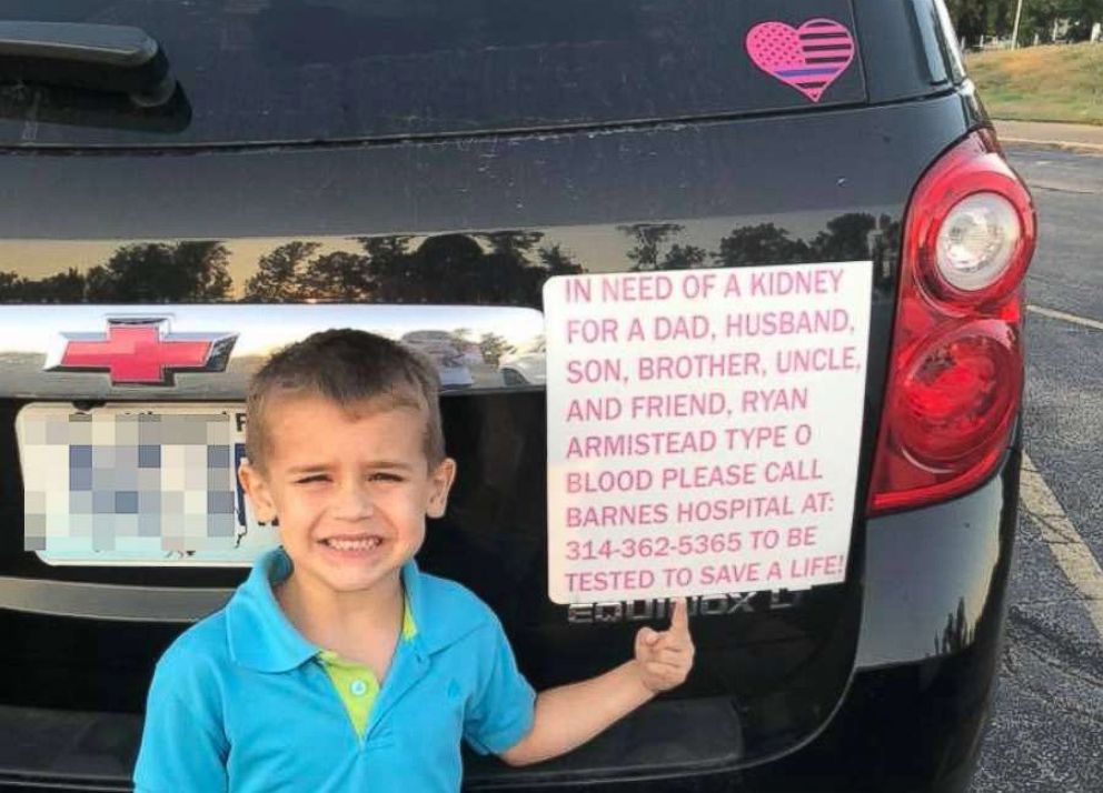 PHOTO: Gregory Armistead, 5, is seen in an undated photo standing next to a sign on a car asking for perspective kidney donors for his father.