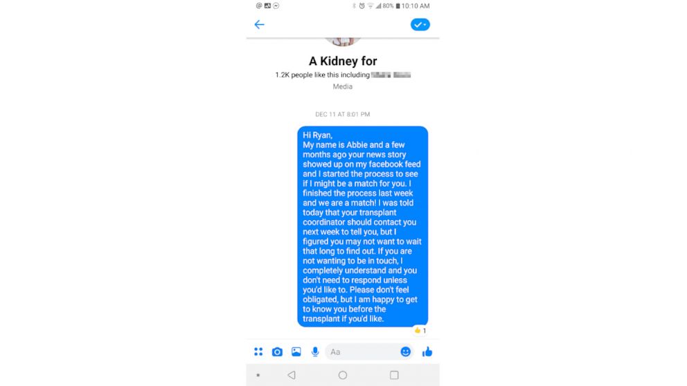 PHOTO: Abbie Dunkle messaged police officer Ryan Armistead of Missouri, on Dec. 11, 2018 to let him know she'd like to donate her kidney to him.